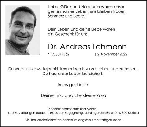 Traueranzeigen Von Andreas Lohmann Trauer Und Gedenken