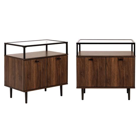 Set of 2 Modern Glass Top Two-Door Dark Walnut Storage End Tables by ...