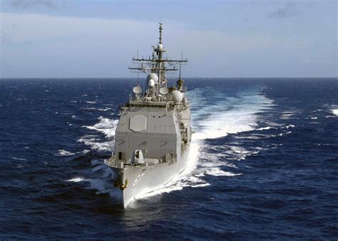 Bow View Of The Us Navy Usn Ticonderoga Class Guided Missile Cruiser