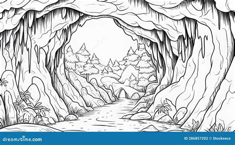 Spectacular Cave And Stream Coloring Page Stock Illustration 286857202