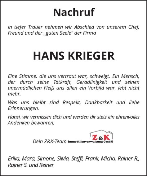 Alle Traueranzeigen F R Hans Krieger Trauer Rp Online De