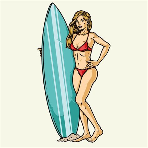 Surf Colorido Com Uma Linda Mulher Em Maiô Vermelho Com Prancha De Surf Isolada Vetor Premium