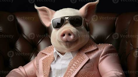 Portrait of a funny pig wearing a hat and sunglasses on a black background. AI generative ...