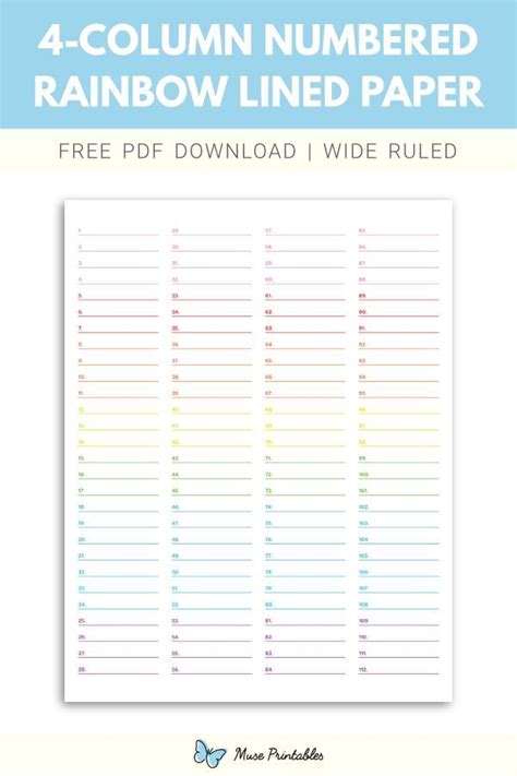 Free Printable Column Numbered Rainbow Lined Paper Wide Ruled Paper