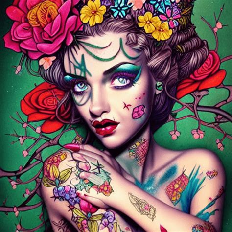 Whimsical Detailed Fantasy Pinup Tattooed Female With Flowers And Glitter · Creative Fabrica