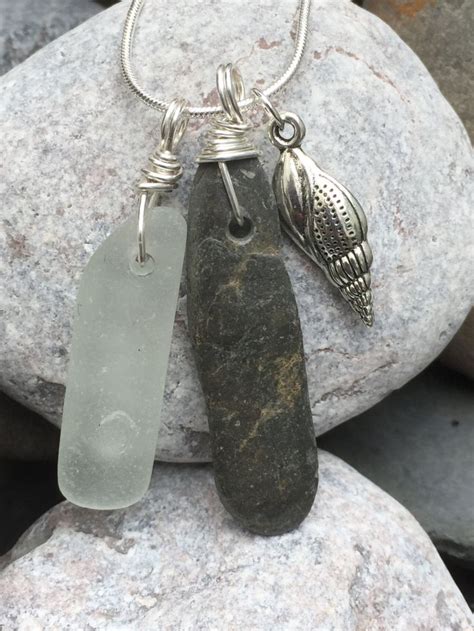Sea Glass Slate And Shell Charm Necklace Silver Sea Glass Etsy