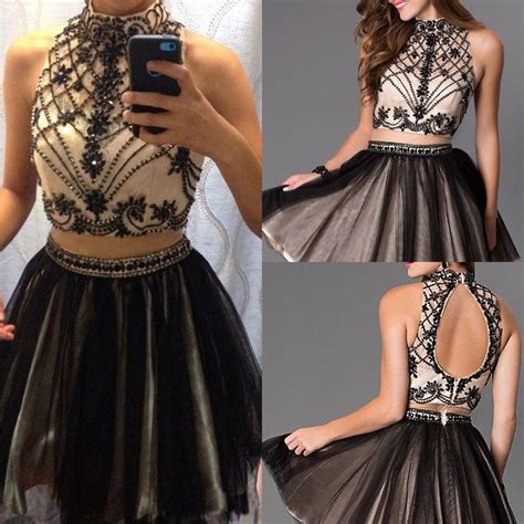 Two Pieces Homecoming Dresses Black Sexy High Neck Crystal Beaded