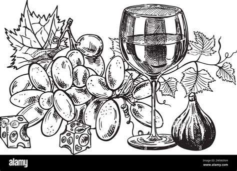 Pile Of Hand Drawn Cheese With Wine Bottle Glass Of Wine Grape And
