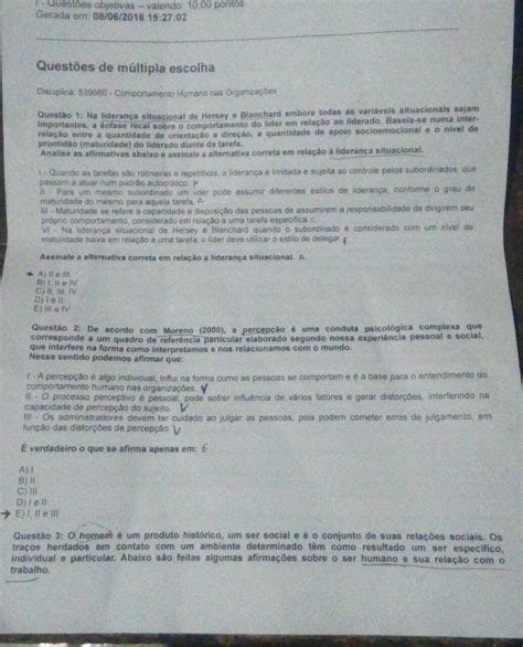 prova comportamento humano nas organizações Comportamento Organizacional