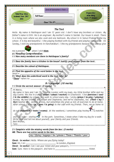 End Of Semester Test Esl Worksheet By Sousou Aicha