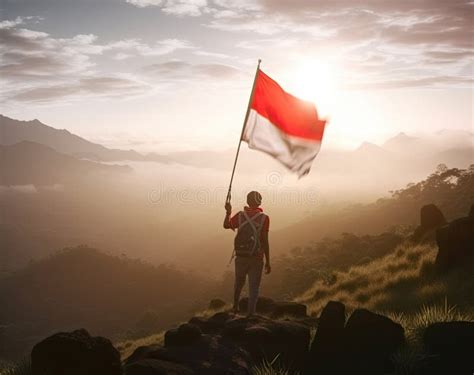 Proud Indonesian Man On A Mountain Peak Raising Red And White Indonesia