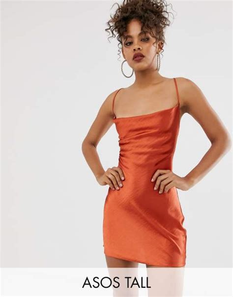 Asos Design Tall Cami Mini Slip Dress In High Shine Satin With Lace Up Back Asos