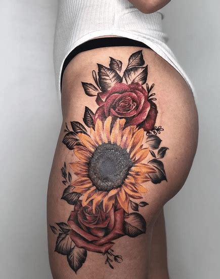 Sunflower And Rose Tattoo On Hip Thigh Tattoos Women Hip Tattoos