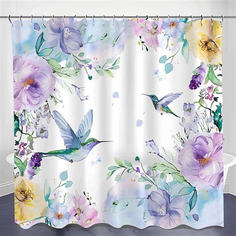 Pastel Watercolor Floral Hummingbird Shower Curtain Elegant Blue