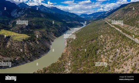 Aerial Panorama Photo Of The Fraser River Flowing In The Rugged Fraser