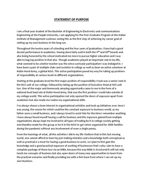 Statement of Purpose (L) | PDF | Cognition | Behavior Modification