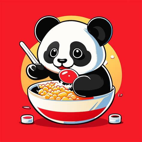 Um Panda Fofo Comendo Arroz De Frango Frito Em Um Grande Bo Vetor Premium