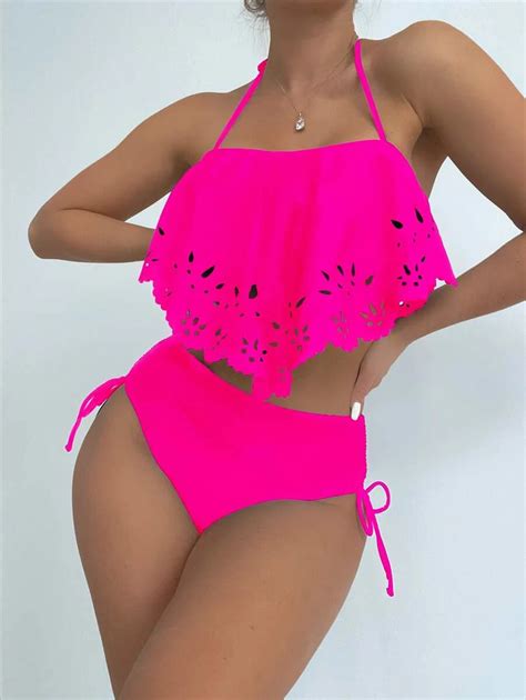 Shein Swim Vcay Neon Pink Tankini Set Laser Cut Halter Top Drawstring