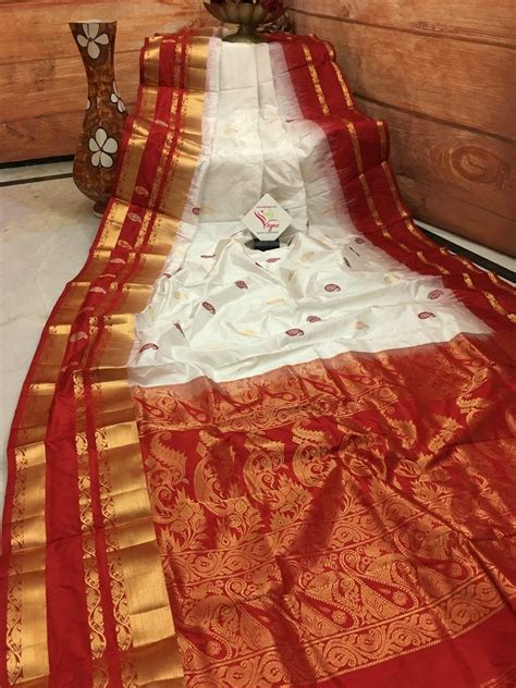 Milk White And Royal Red Color Pure Kanjeevaram Silk Mark Saree Red