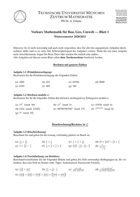 Vorkurs Mathematik F R Bau Geo Umwelt Blatt Technische