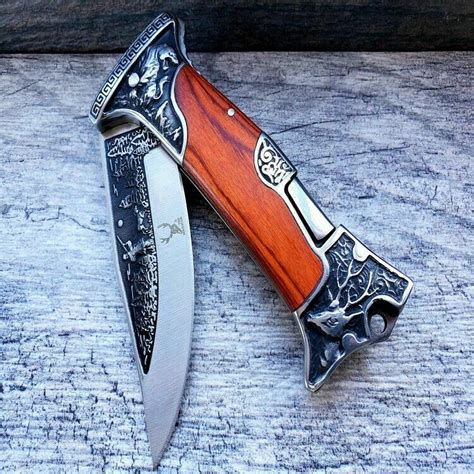 9 Engraved Hunting Blade Lockback Folding Pocket Knife Wood Handle