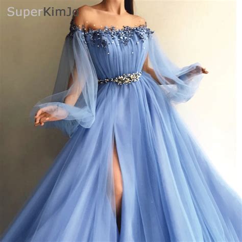 Superkimjo Long Sleeve Beaded Prom Dresses Arabic Style Blue Tulle