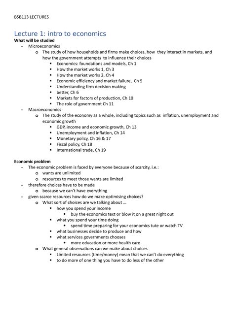 BSB113 Lectures Lecture Notes Lecture 1 Intro To Economics What