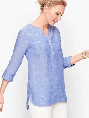 Linen Pintuck Popover Cross Dyed Shirt Tail Hem Popover Shirt