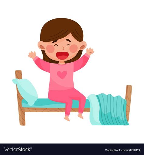 Girl Character Sitting On Bed And Yawning Waking Vector Image On