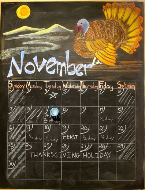November 2015 Chalkboard Calendar with Turkey Drawing