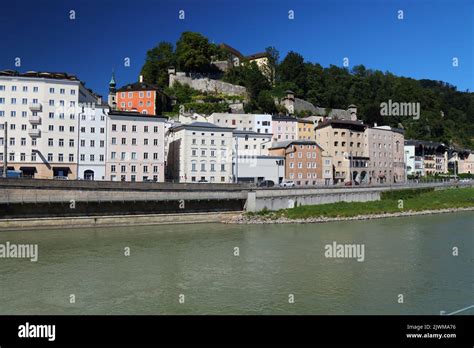 Salzburg Austria City View With Giselakai Riverfront And