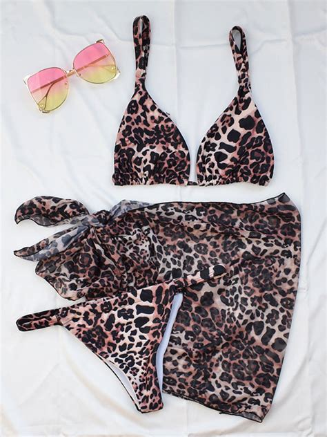 Bikini Ensembles Trois Pièces Maillot de Bain Sexy Imprimé Léopard Femme Taille Haute avec