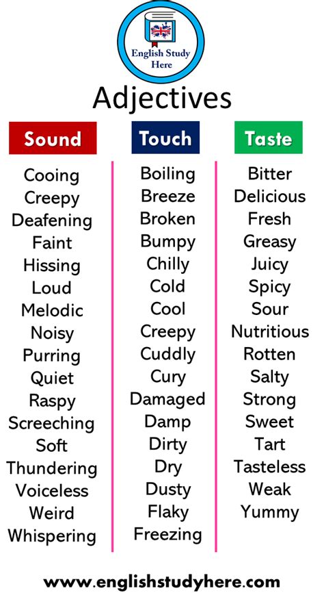 50 Adjectives Words, Sound, Touch, Taste - English Study Here