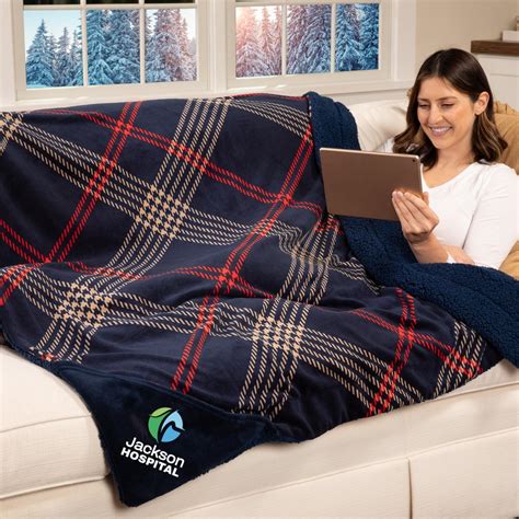 Navy Plaid Mink Sherpa Throw Blanket 50 X 60 Embroidered