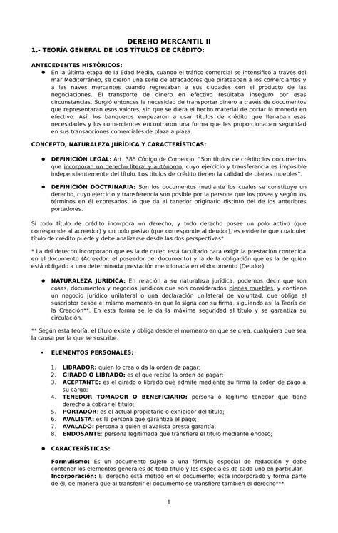 Derecho Mercantil Títulos DE Crédito DEREHO MERCANTIL II 1 TEORÍA