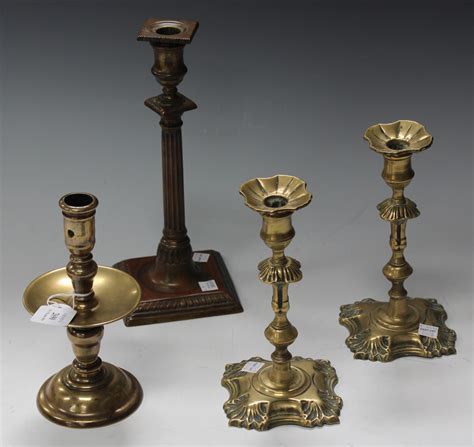 A 17th Century Dutch Brass Candlestick With Knop Stem And Wide Drip Pan Height Approx 20cm Togethe