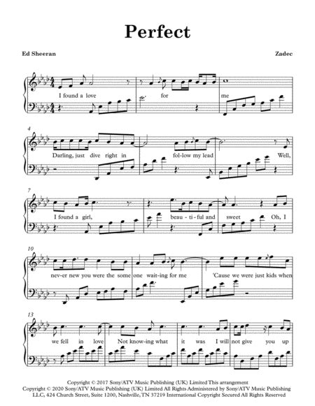 Perfect Arr Zadec Sheet Music Ed Sheeran Piano Solo