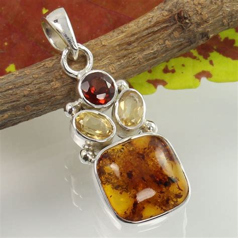 Natural Amber Citrine And Garnet Gemstone 925 Sterling Silver Jewellery