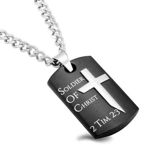 Mens Soldier Of Christ Black Shield Cross Necklace 2 Tim 223