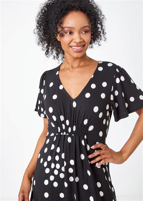 Roman Black Petite Polka Dot Stretch Midi Dress Matalan