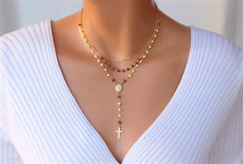 Pearl Rosary Necklace Women Crystals Multi Strand Cross Miraculous