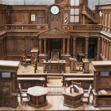 A detailed image of a courtroom with the focus on the judges bench and