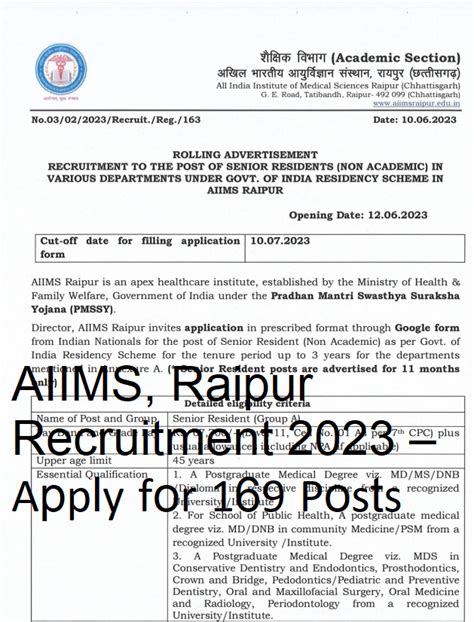 Aiims Raipur Recruitment 2023 Apply For 169 Posts