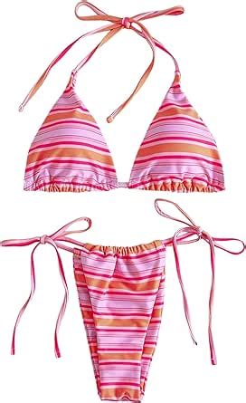 Amazon Milumia Women S Two Piece Striped Cheeky Bikini Set Triangle Halter High Cut String