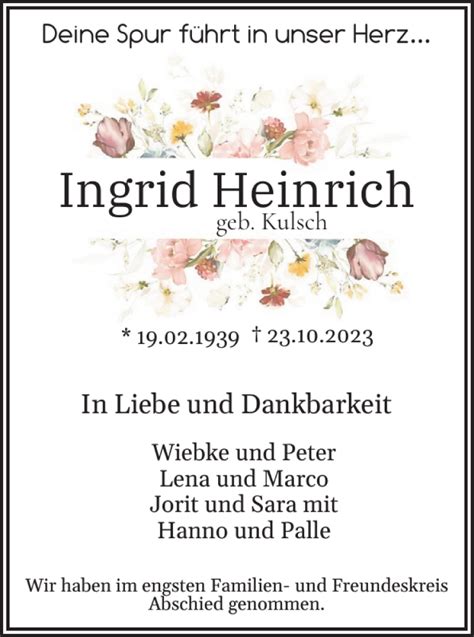 Traueranzeigen Von Ingrid Heinrich Sh Z Trauer