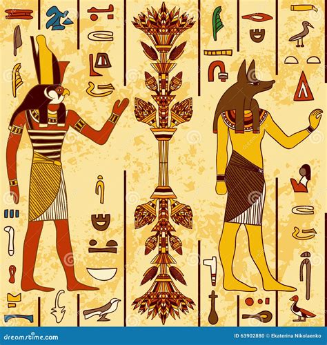 Seamless Pattern With Egyptian Gods And Ancient Egyptian Hieroglyphs On