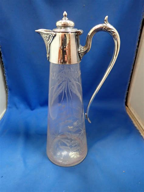 Lot French Claret Jug Epns Mount With Acid Etched Glass