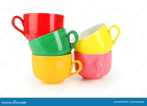 Tazas Coloridas Aisladas En Blanco Imagen De Archivo Imagen De Objeto