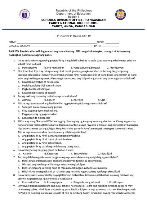 Esp 10 4th Quarter Exam Assignments Republic Of The Philippines