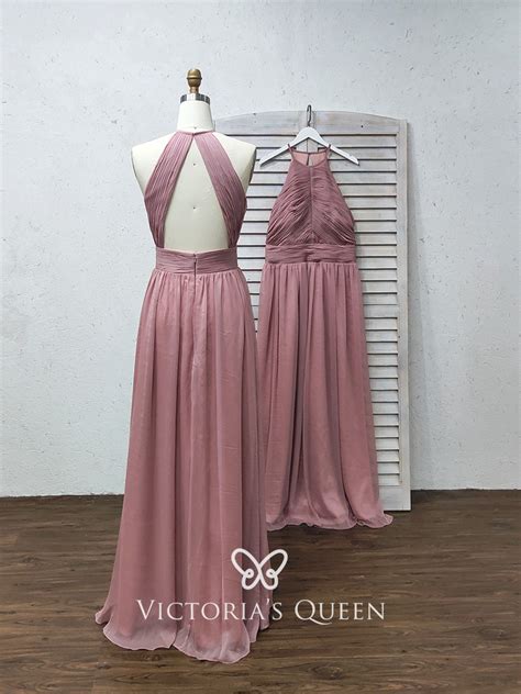 Vq Delicate Pleated Chiffon Halter Long Bridesmaid Dress